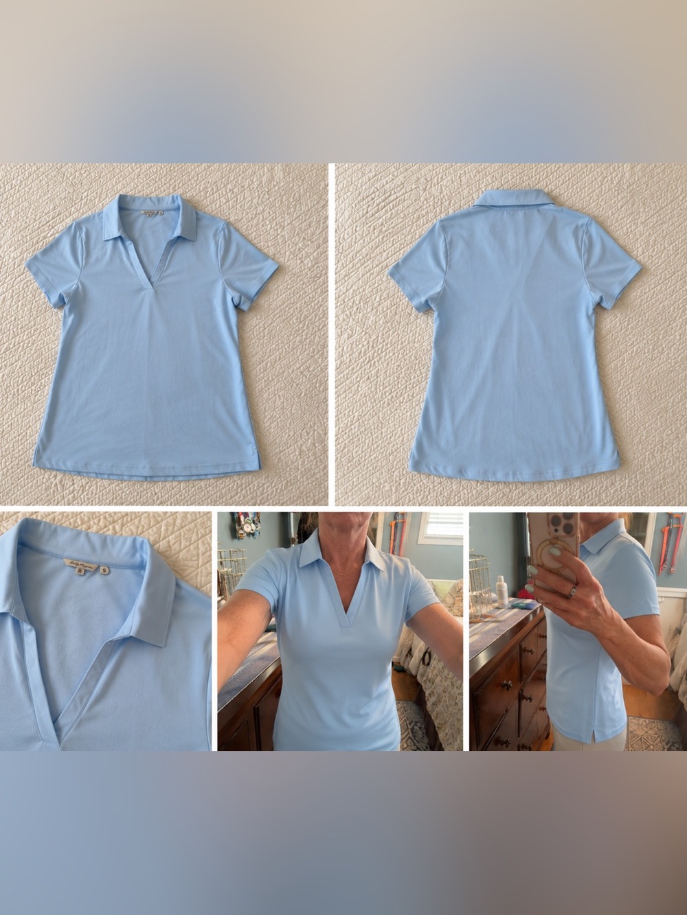 Lady Hagen Light Blue Short-Sleeve Polo V-Neck Top